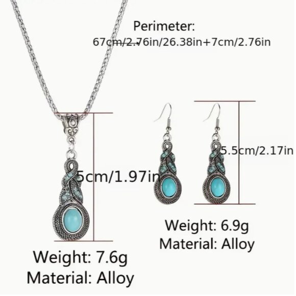 Vintage Style Simulated Turquoise & Rhinestone Silver Electro-Plated Set - Picture 4 of 4